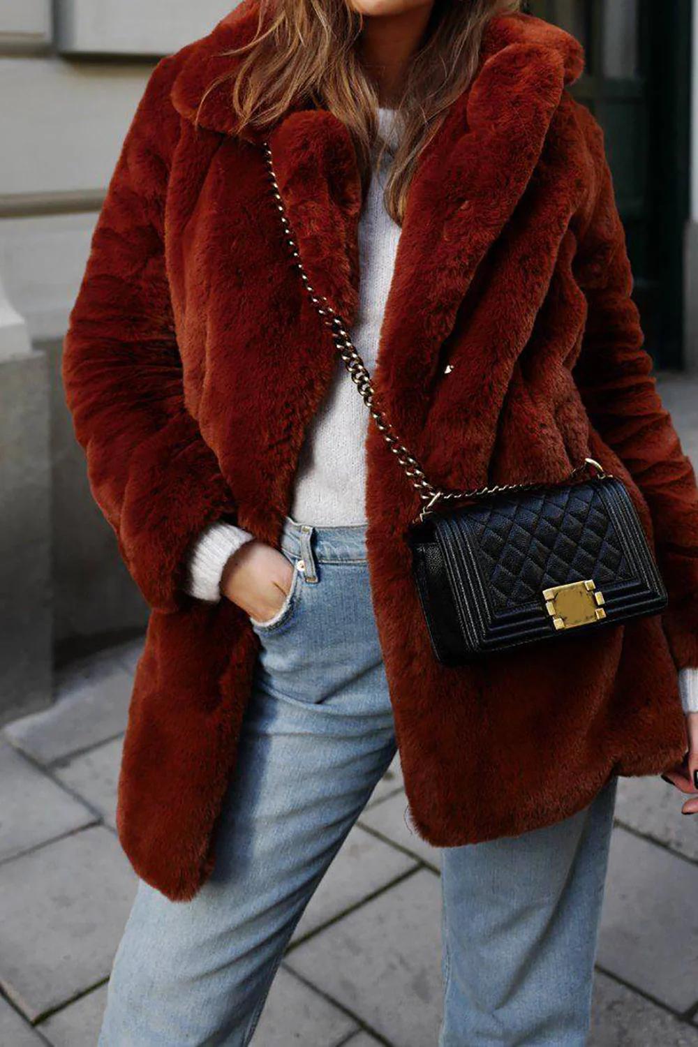Pomarańczowy dekolt z klapami Otwarty przód Faux Fur Midi Płaszcz damski - Image 5