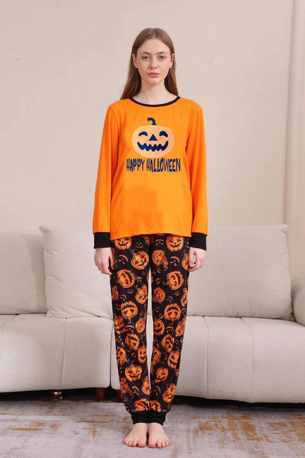 Pomarańczowy Halloween Długi Rękaw Rodzinny Dopasowany Zestaw Piżam - Image 3
