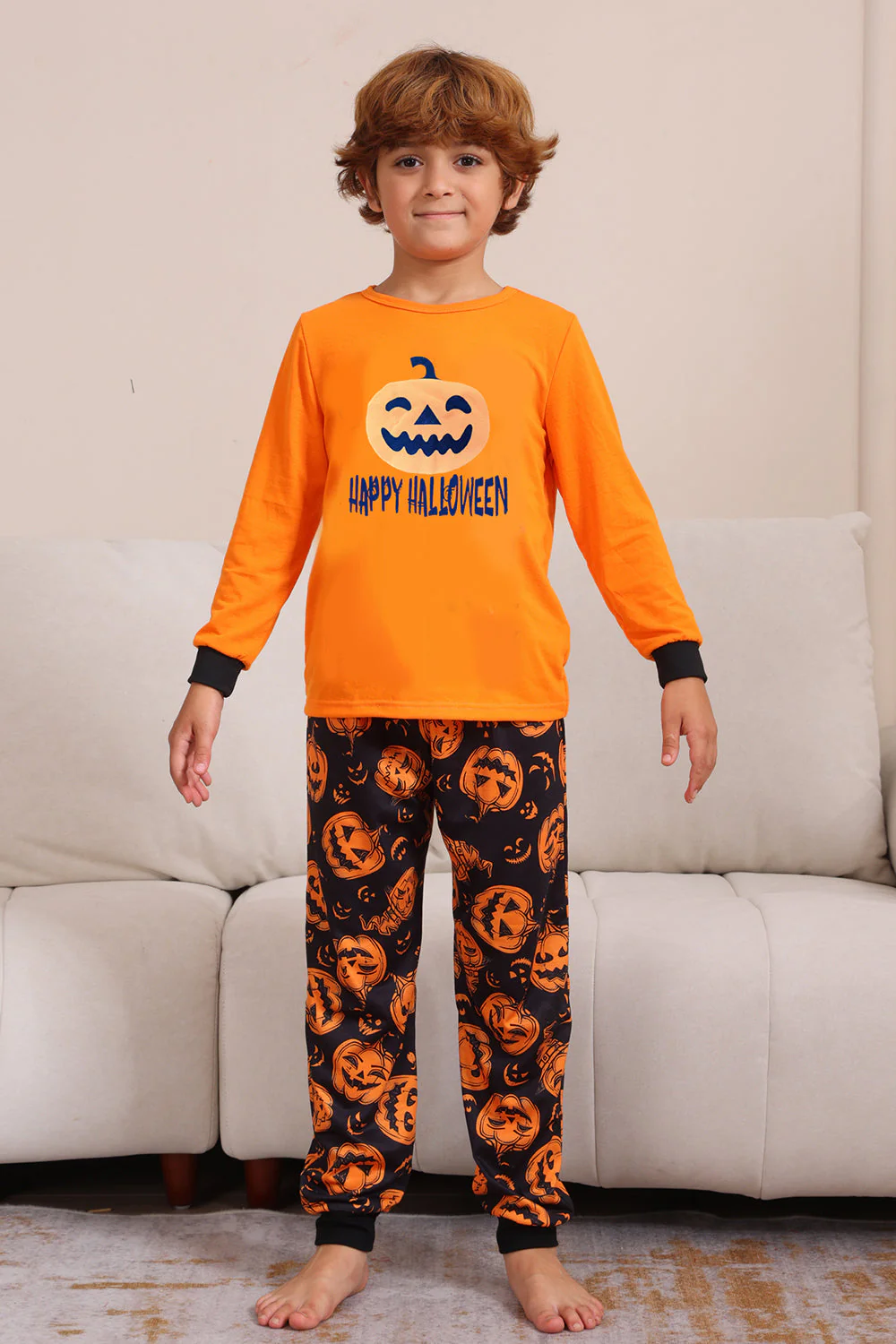 Pomarańczowy Halloween Długi Rękaw Rodzinny Dopasowany Zestaw Piżam - Image 5