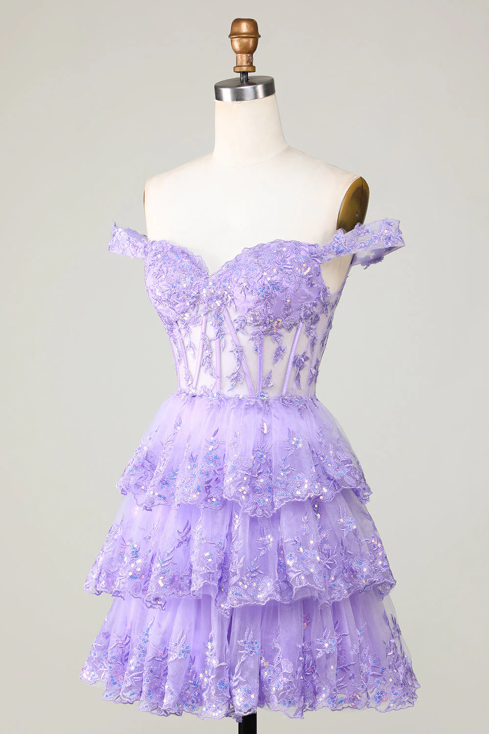 Princess A Line Purple Gorset Tiered Short Homecoming Dress z koronką - Image 3