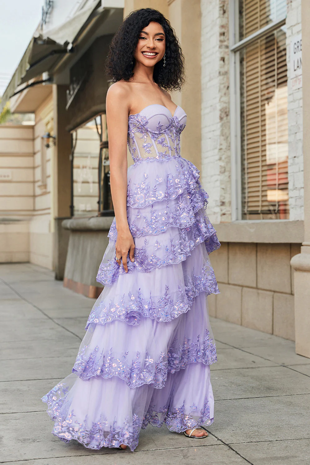 Princess A Line Sweetheart Lawendowy gorset Sukienka na studniówkę z warstwową koronką - Image 5