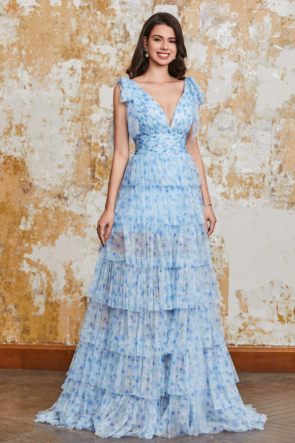 Princess A Line V Neck Niebieska Długa Sukienka Na Bal Z Falbankami Rozcięcie - Image 5
