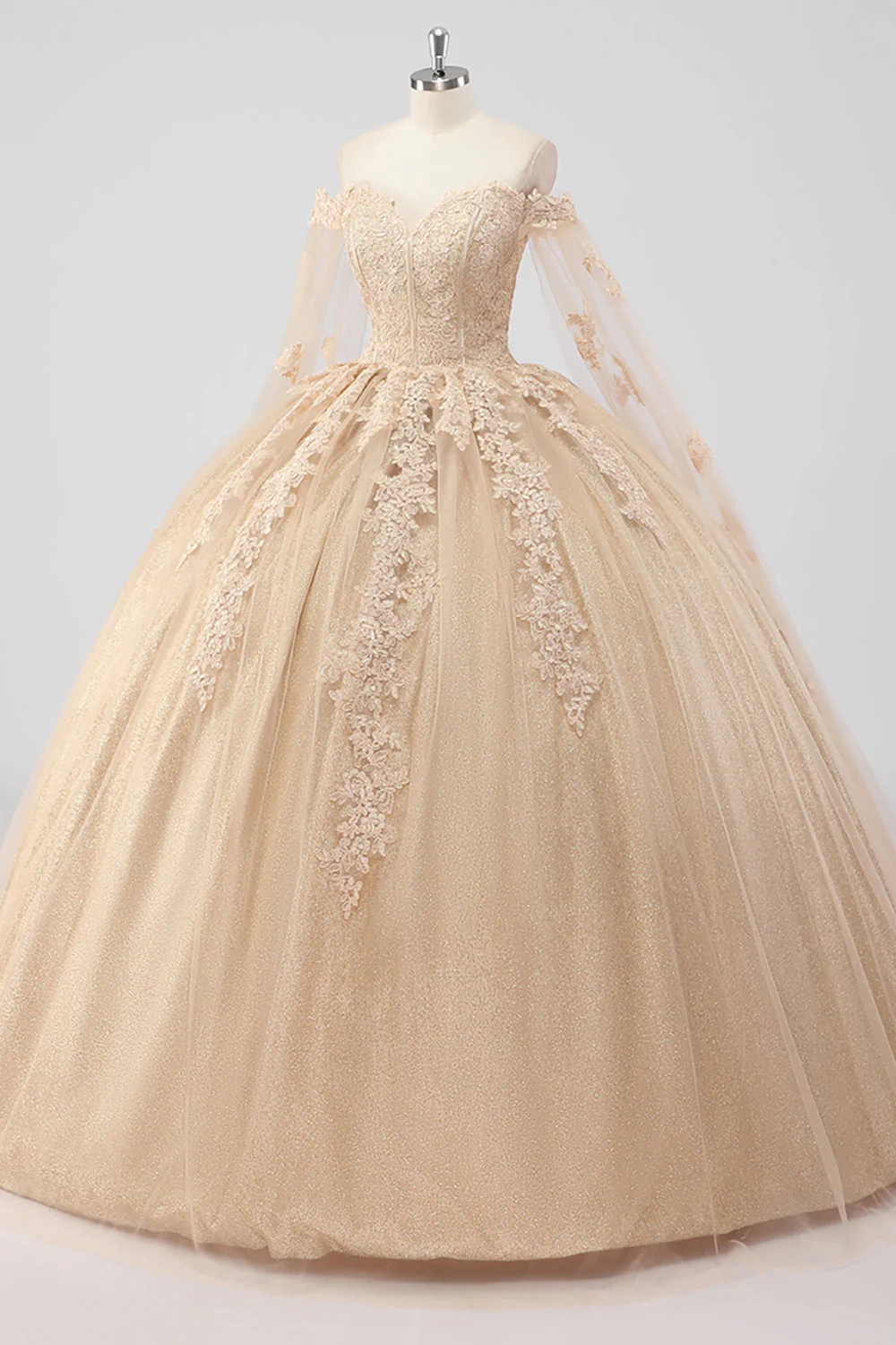 Princess Champagne Off the Shoulder Cape Rękawy Tiulowa sukienka Quinceanera z aplikacjami - Image 3