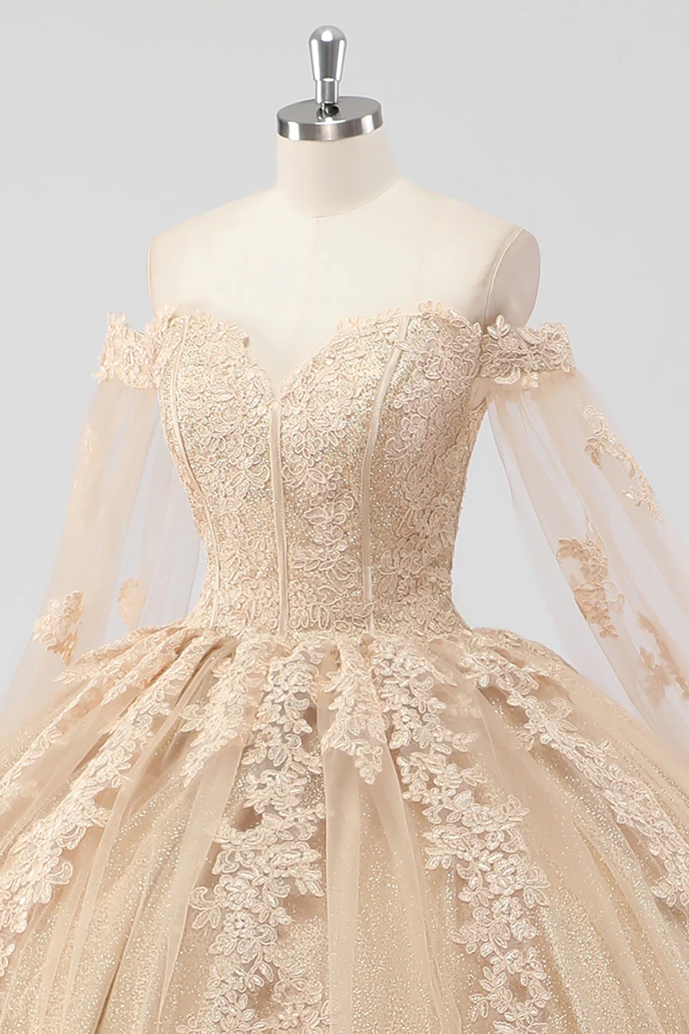 Princess Champagne Off the Shoulder Cape Rękawy Tiulowa sukienka Quinceanera z aplikacjami - Image 6