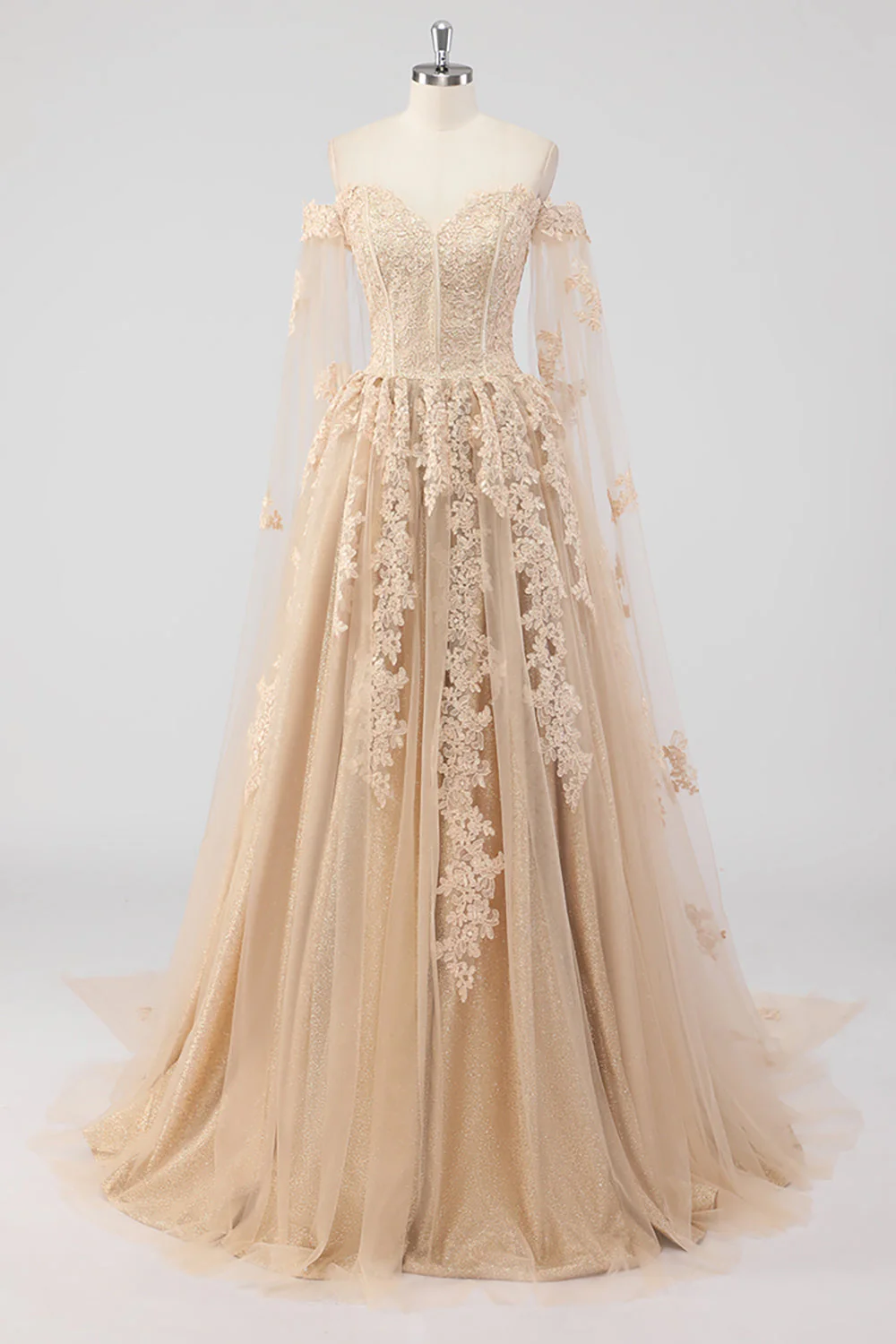 Princess Champagne Off the Shoulder Cape Rękawy Tiulowa sukienka Quinceanera z aplikacjami - Image 7