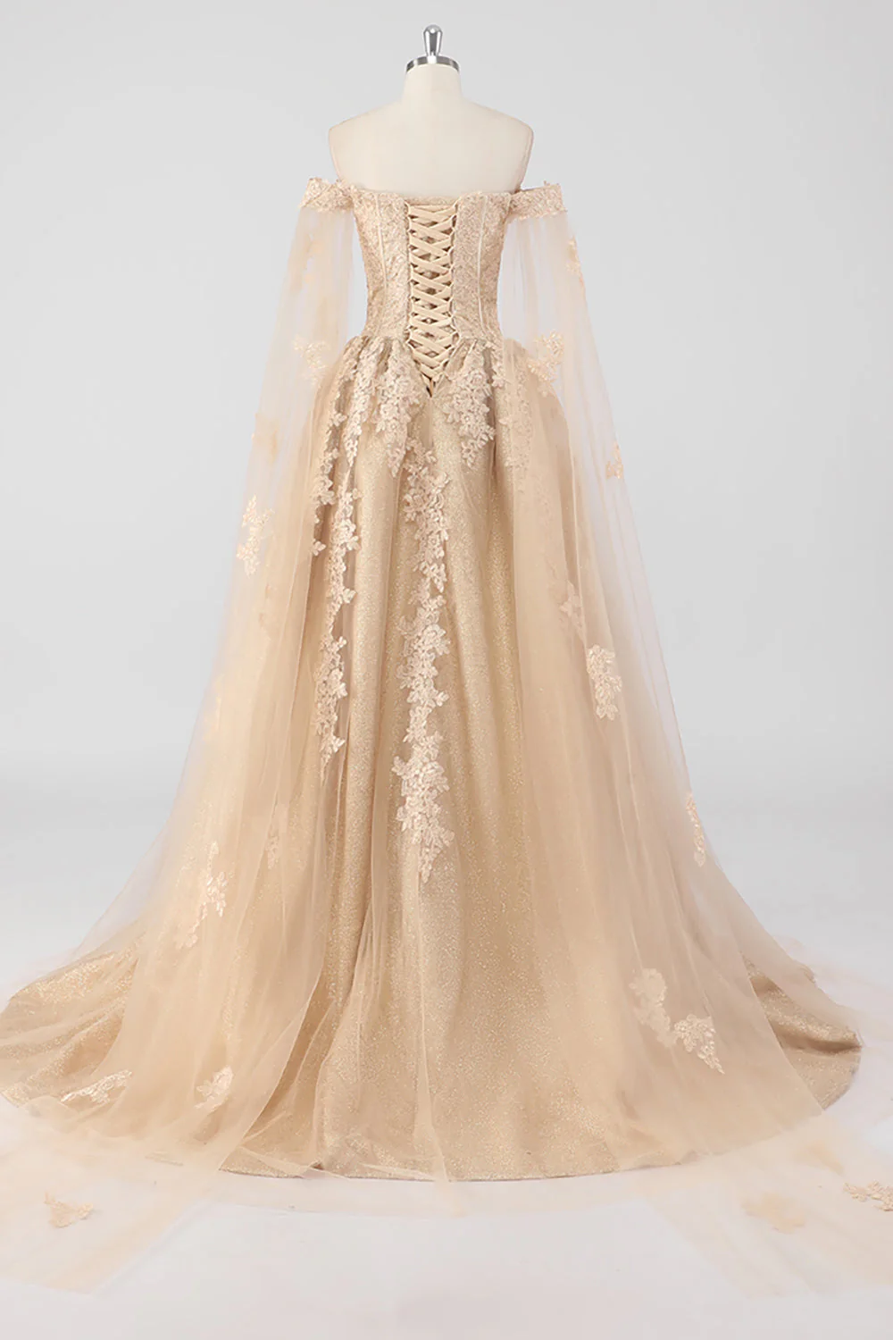 Princess Champagne Off the Shoulder Cape Rękawy Tiulowa sukienka Quinceanera z aplikacjami - Image 8