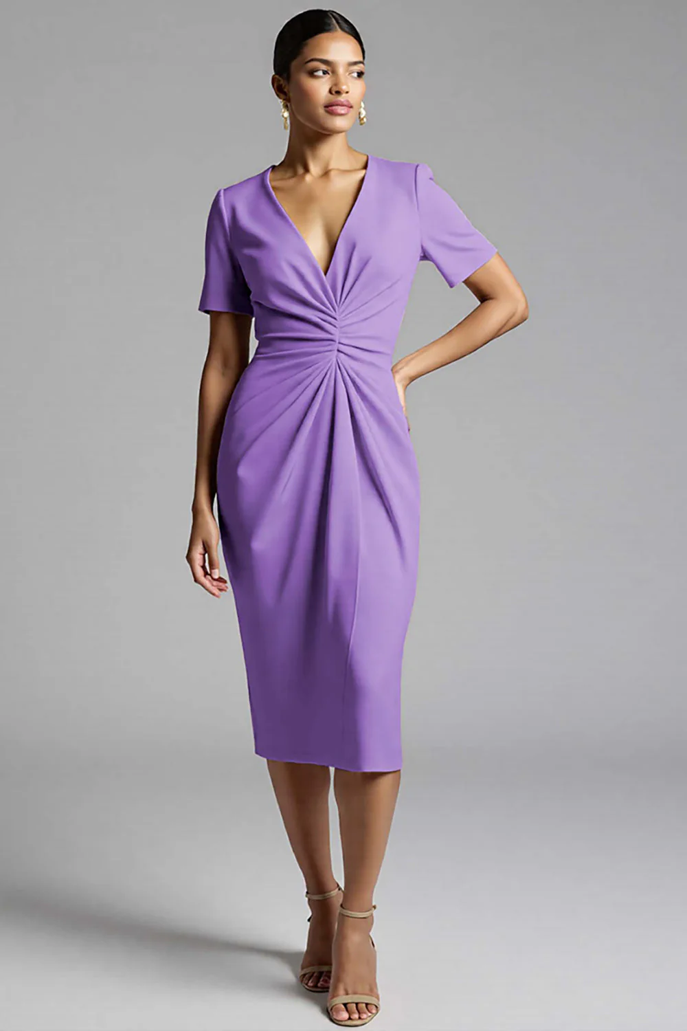 Prosta sukienka robocza midi z marszczeniami w kolorze szampana - Image 21