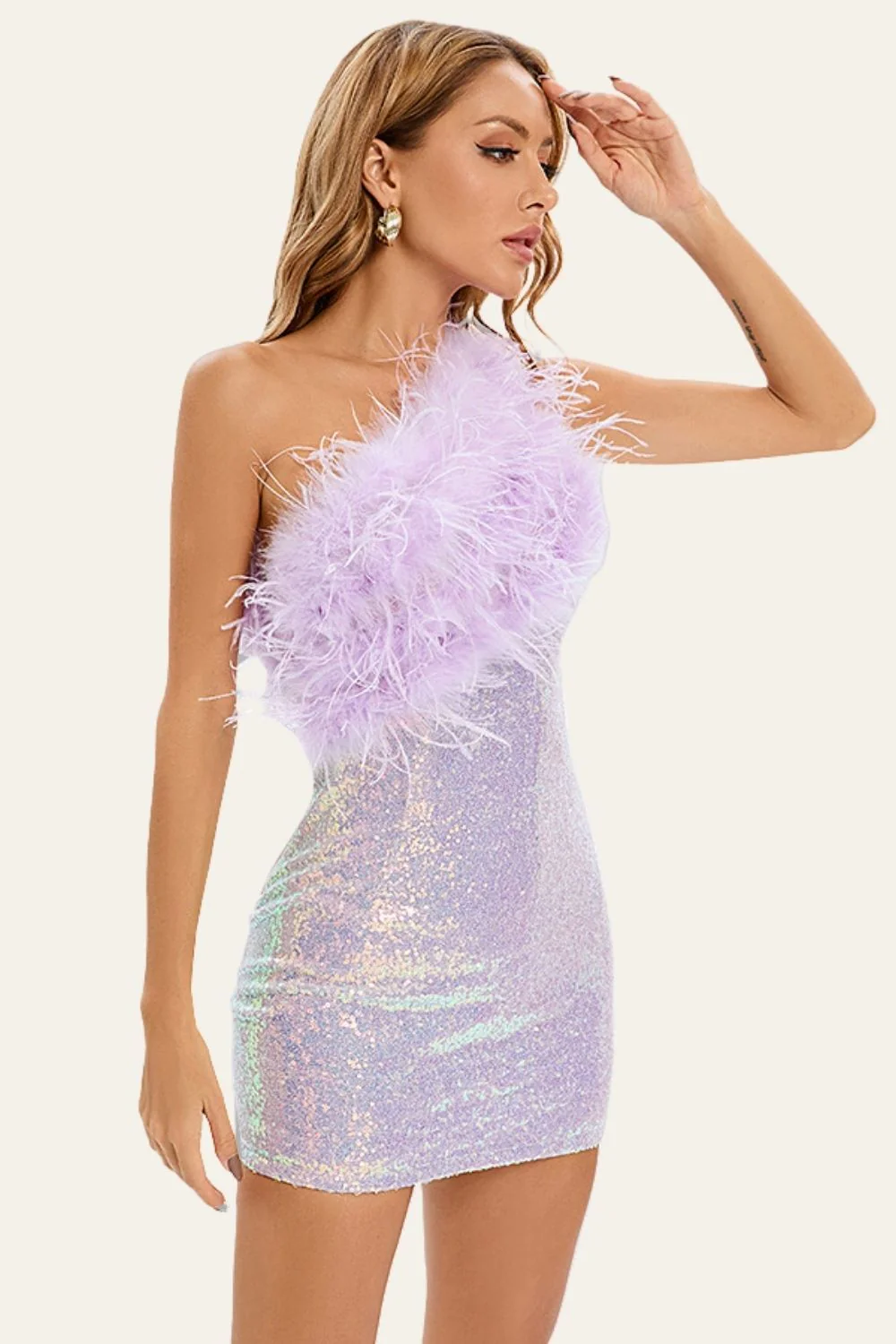 Purple Bodycon One-Shoulder Sequin Patchwork Homecoming Sukienka z piórkiem - Image 2