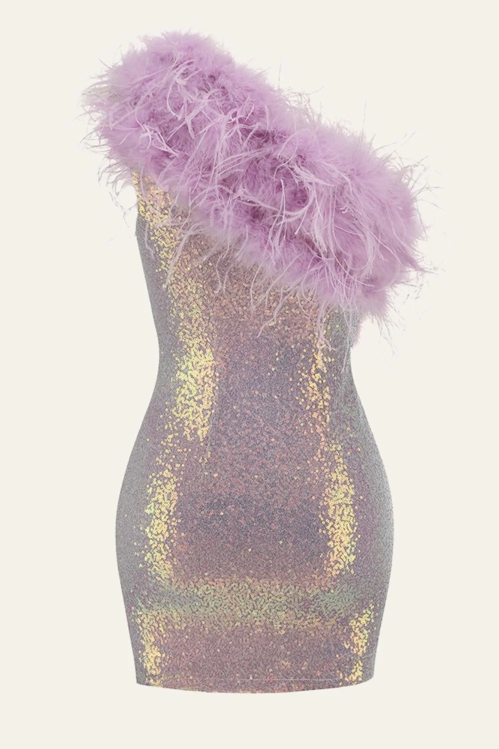 Purple Bodycon One-Shoulder Sequin Patchwork Homecoming Sukienka z piórkiem - Image 4