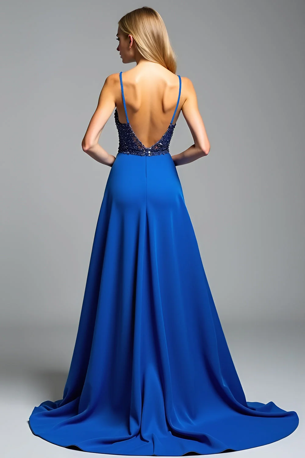 Ramiączka Spaghetti Royal Blue A Line Koraliki Sukienka na studniówkę z rozcięciem - Image 2
