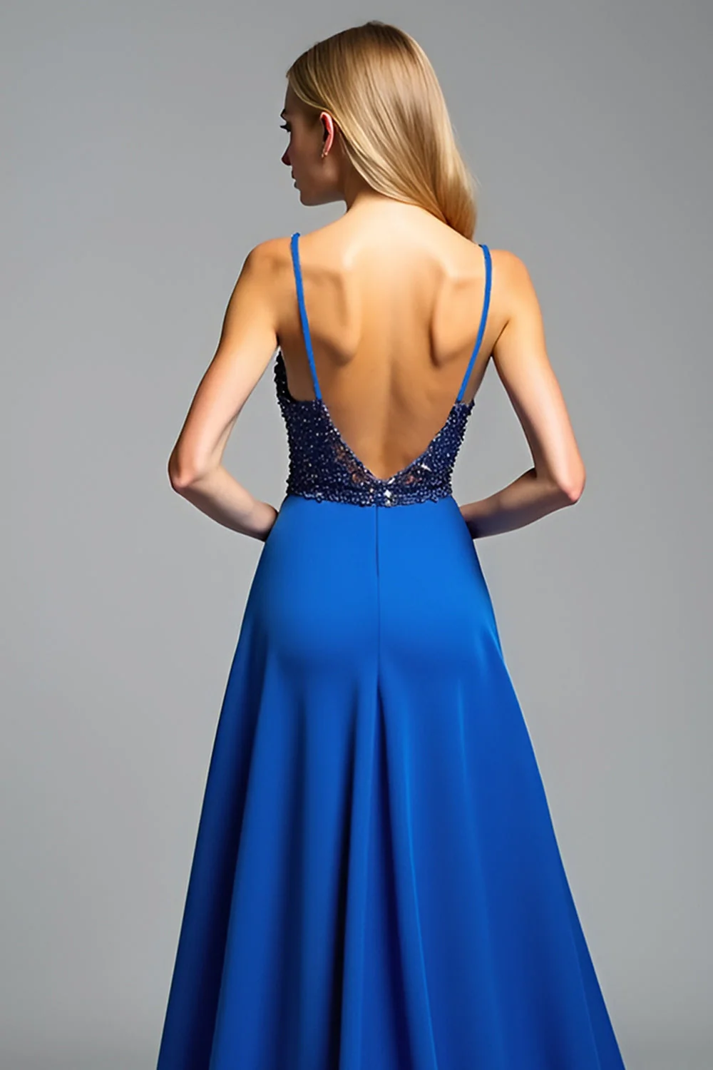 Ramiączka Spaghetti Royal Blue A Line Koraliki Sukienka na studniówkę z rozcięciem - Image 4
