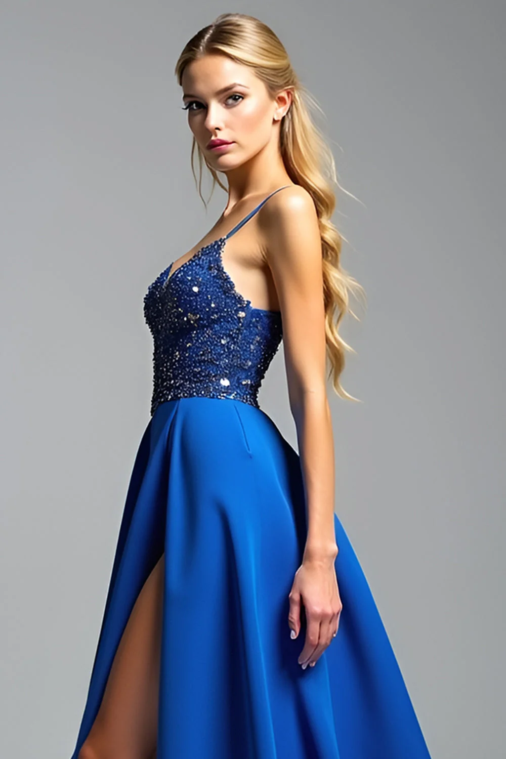 Ramiączka Spaghetti Royal Blue A Line Koraliki Sukienka na studniówkę z rozcięciem - Image 5