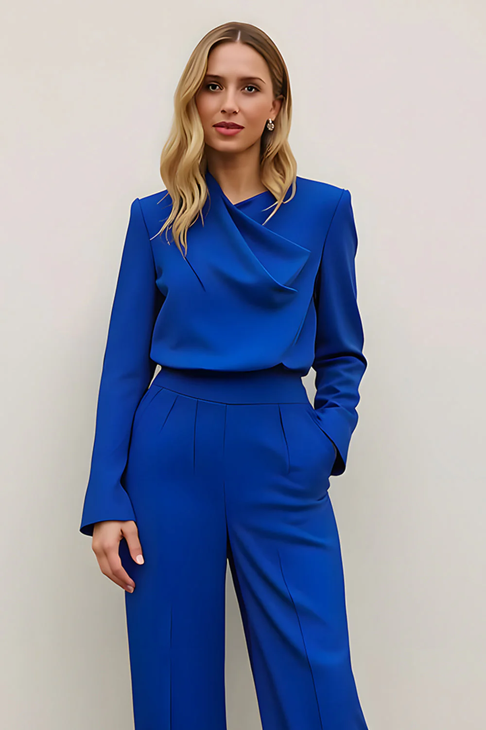 Royal Blue 2-częściowe satynowe garnitury robocze z kieszeniami - Image 3