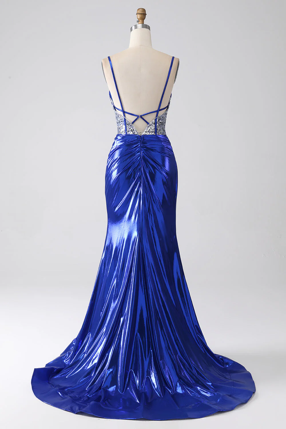 Royal Blue Mermaid Błyszcząca Cekinowa Plisowana Gorset Sukienka Na Studniówkę Z Rozcięciem - Image 2