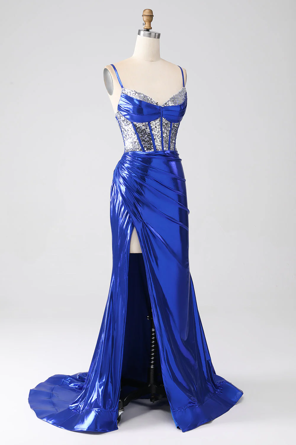 Royal Blue Mermaid Błyszcząca Cekinowa Plisowana Gorset Sukienka Na Studniówkę Z Rozcięciem - Image 3