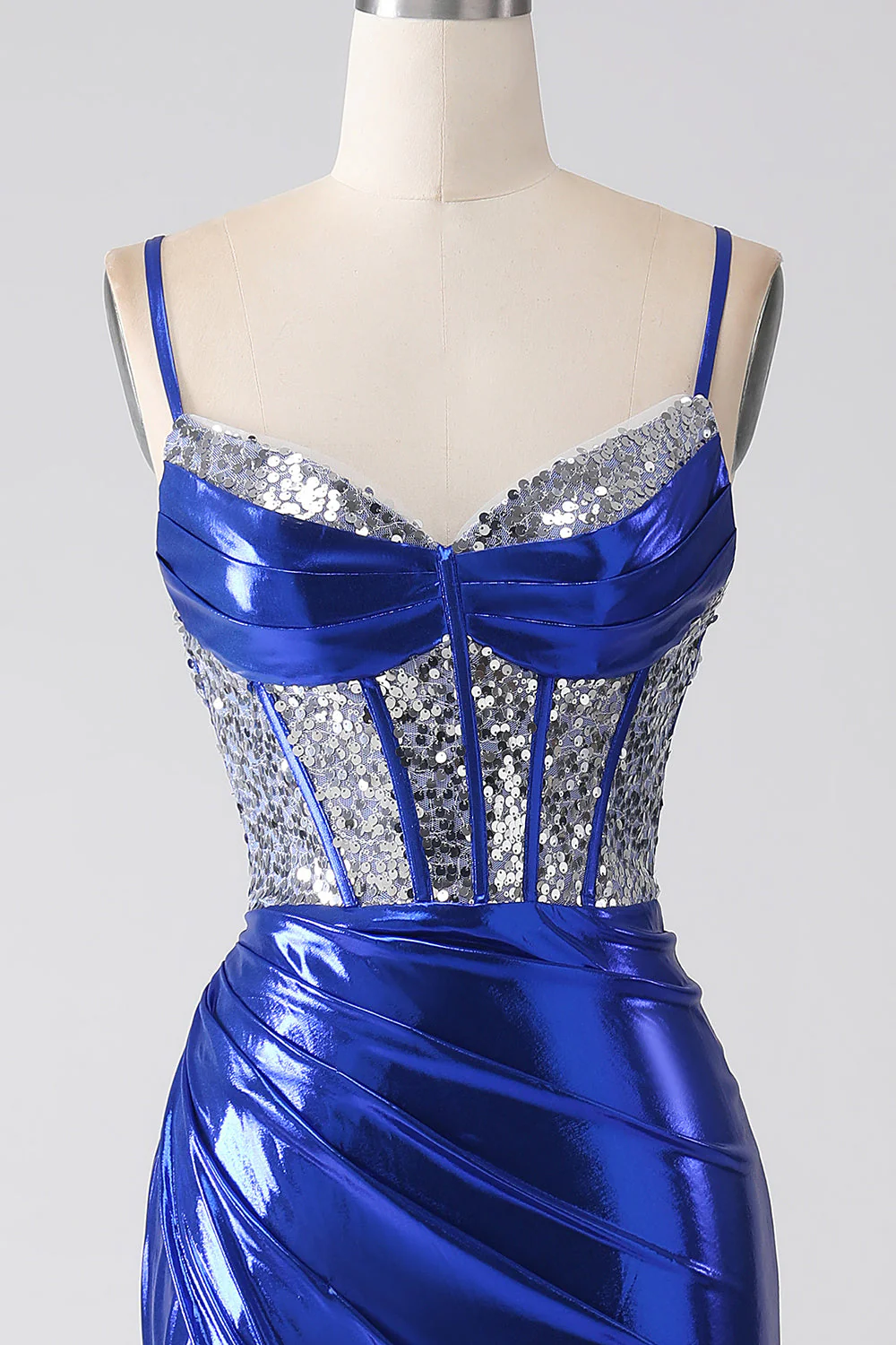 Royal Blue Mermaid Błyszcząca Cekinowa Plisowana Gorset Sukienka Na Studniówkę Z Rozcięciem - Image 4
