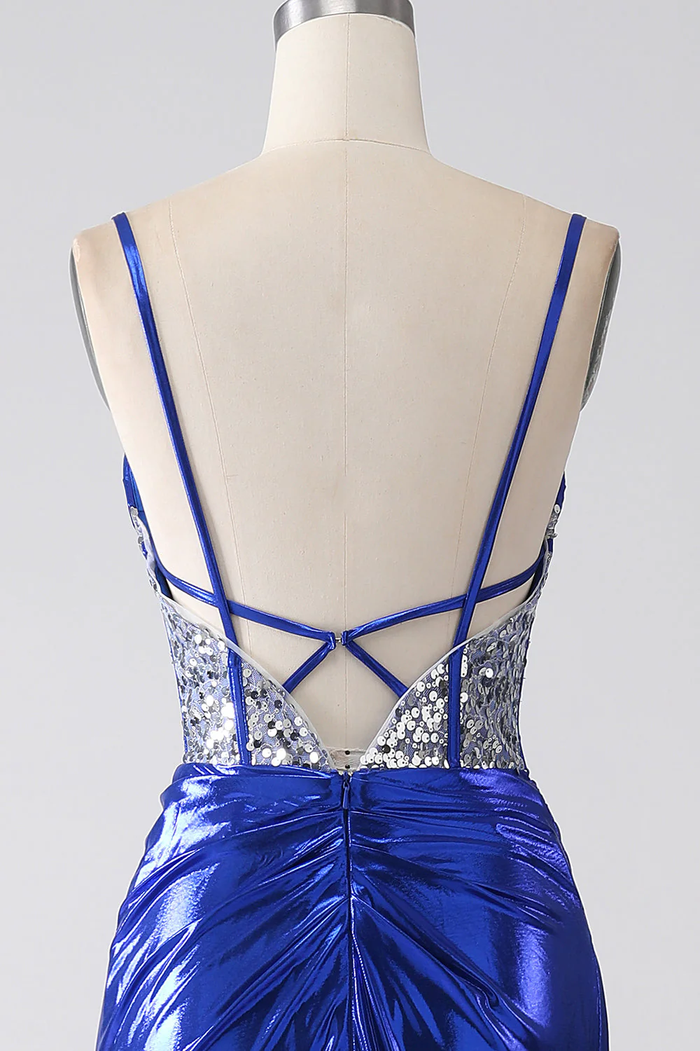 Royal Blue Mermaid Błyszcząca Cekinowa Plisowana Gorset Sukienka Na Studniówkę Z Rozcięciem - Image 5