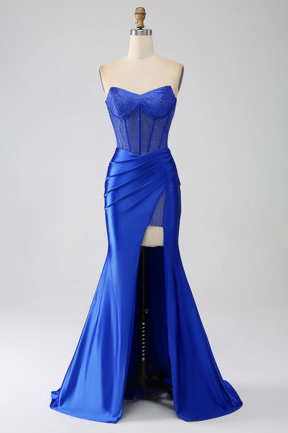 Royal Blue Syrenka Gorset Bez Ramiączek Długa Sukienka Na Studniówkę Z Koralikami - Image 3