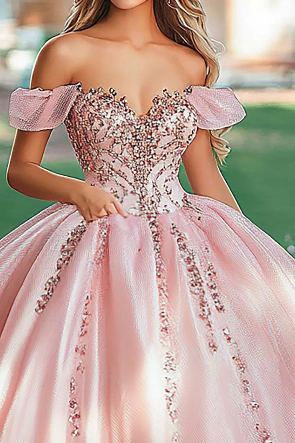 Róż do policzków księżniczki Satynowa sukienka Quinceanera z aplikacjami - Image 2