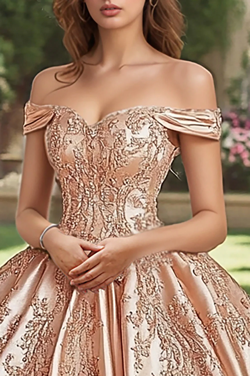 Róż do policzków z odkrytymi ramionami Satynowa sukienka księżniczki Quinceanera z aplikacjami - Image 2