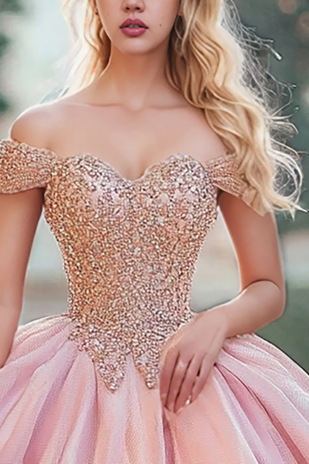 Róż Na Ramiona Z Koralikami Organza Księżniczka Quinceanera Sukienka - Image 2