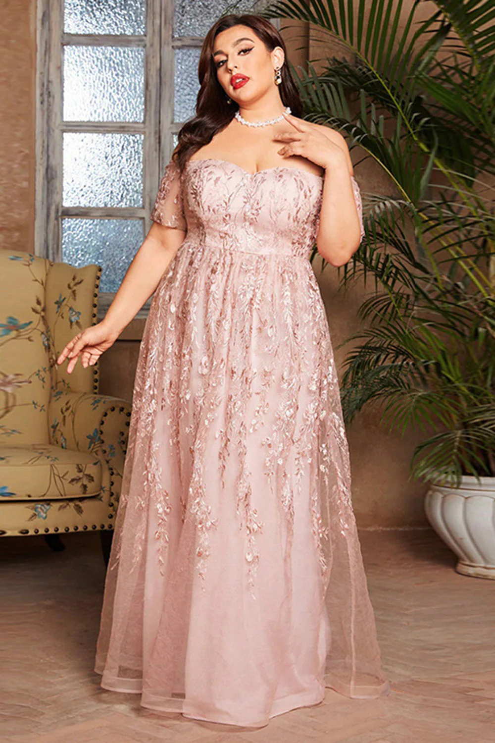 Róż plus size długa sukienka dla matki panny młodej z aplikacjami - Image 3