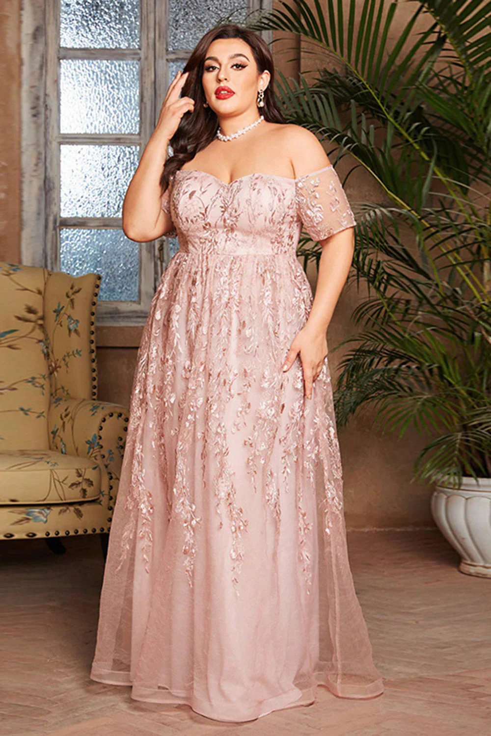 Róż plus size długa sukienka dla matki panny młodej z aplikacjami - Image 4