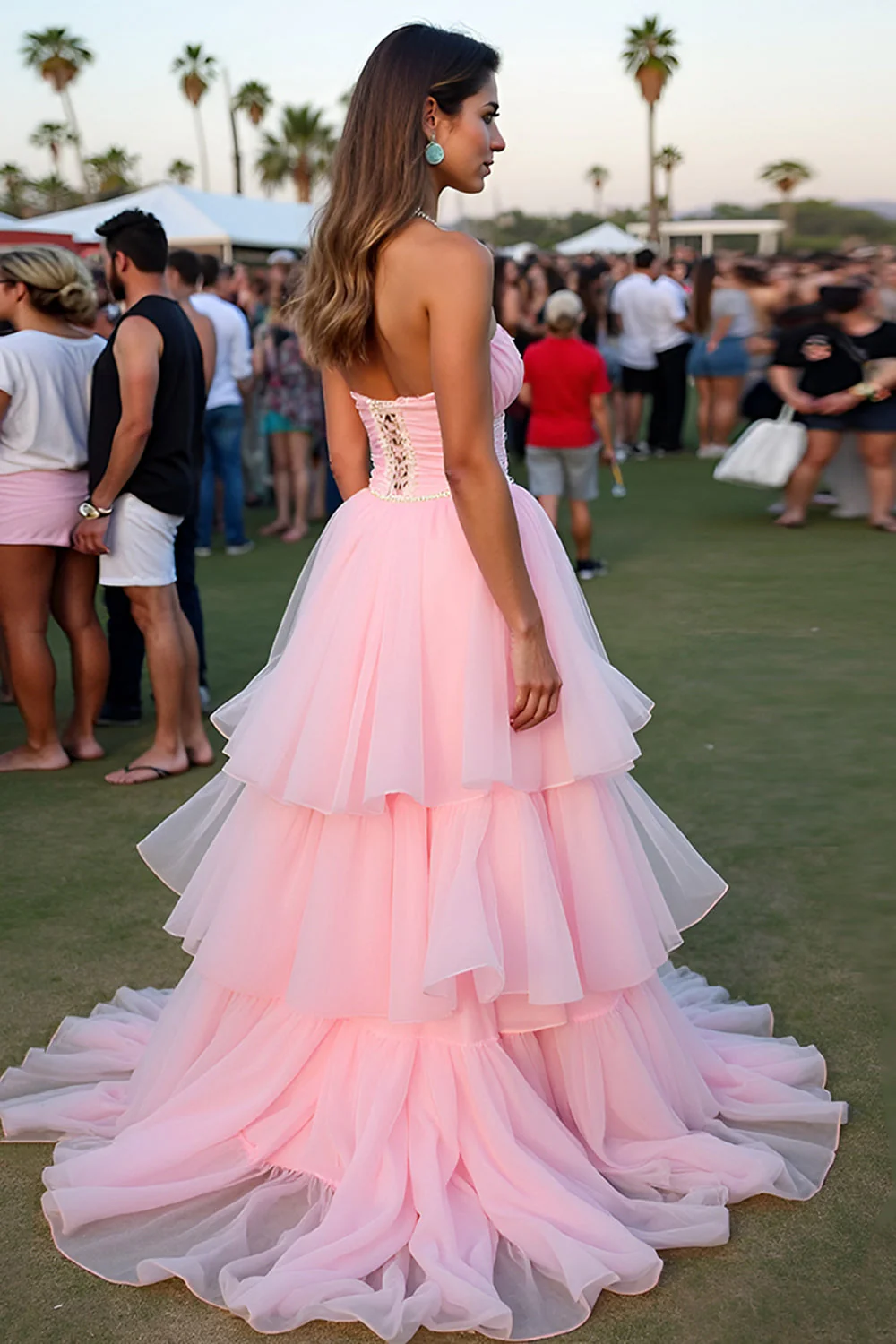 Róż Ruffled Linia Kochanie Długa Gala Sukienka - Image 2