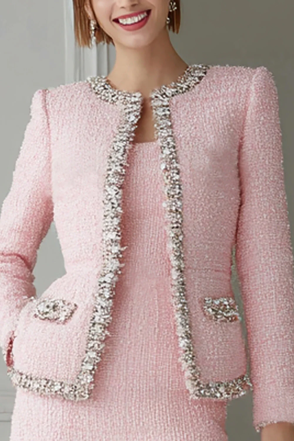 Różowa 2-częściowa krótka sukienka robocza Bodycon Tweed z rękawami - Image 2