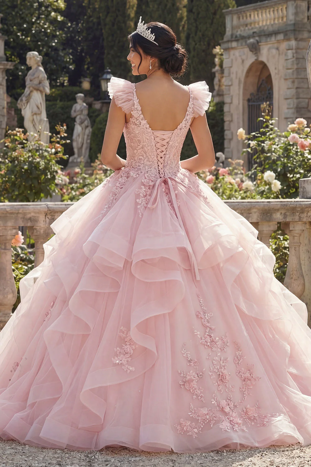 Różowa balowa suknia balowa z aplikacjami na Quinceanera z 3D kwiatami - Image 2
