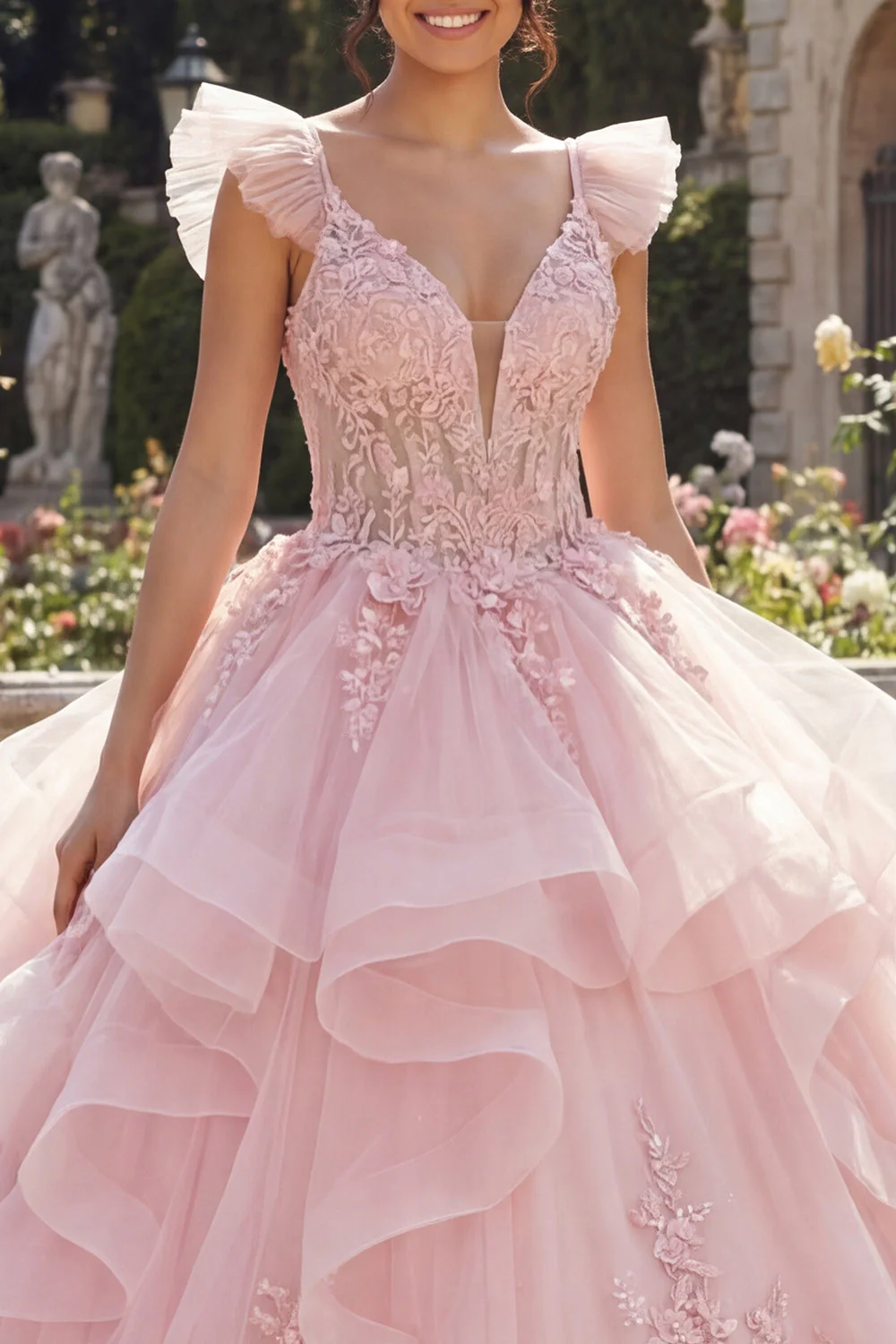 Różowa balowa suknia balowa z aplikacjami na Quinceanera z 3D kwiatami - Image 3