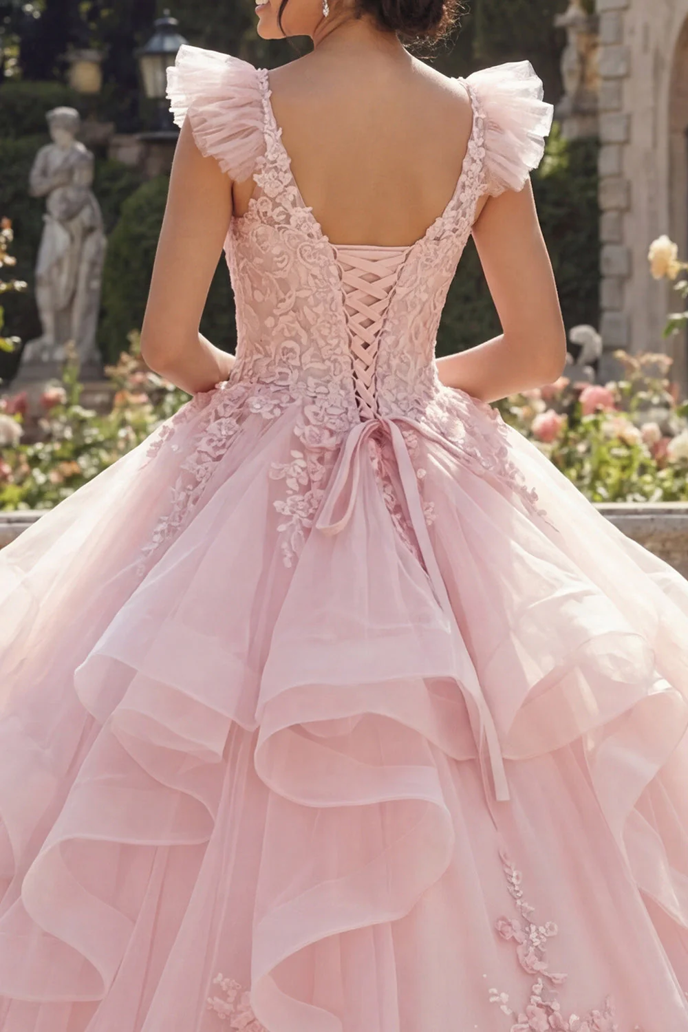 Różowa balowa suknia balowa z aplikacjami na Quinceanera z 3D kwiatami - Image 4