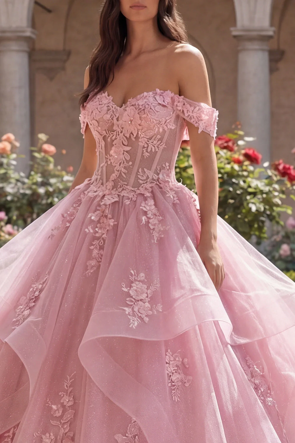 Różowa balowa suknia z odsłoniętymi ramionami z aplikacjami i falbanami – sukienka Quinceanera - Image 3