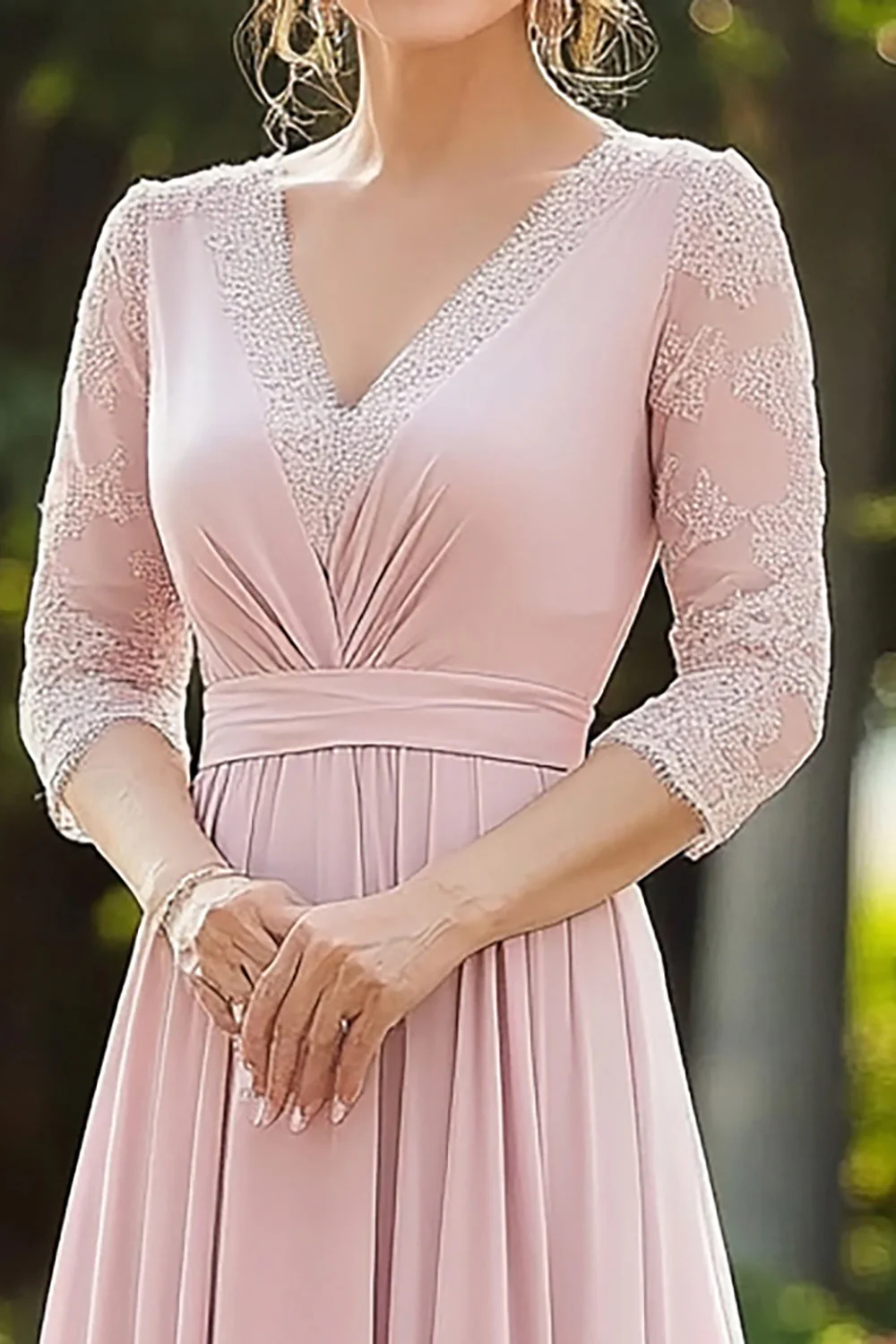 Różowa elegancka koronkowa szyfonowa sukienka dla matki panny młodej z rękawami 3/4 - Image 2