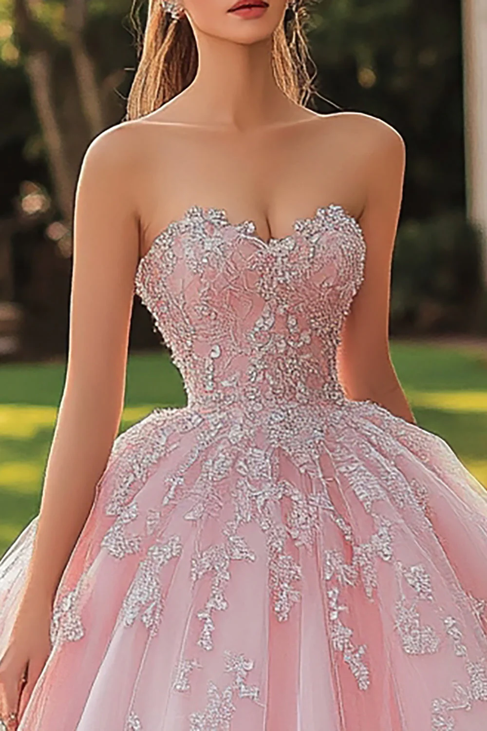 Różowa księżniczka długa tiulowa sukienka quinceanera z koronką - Image 2