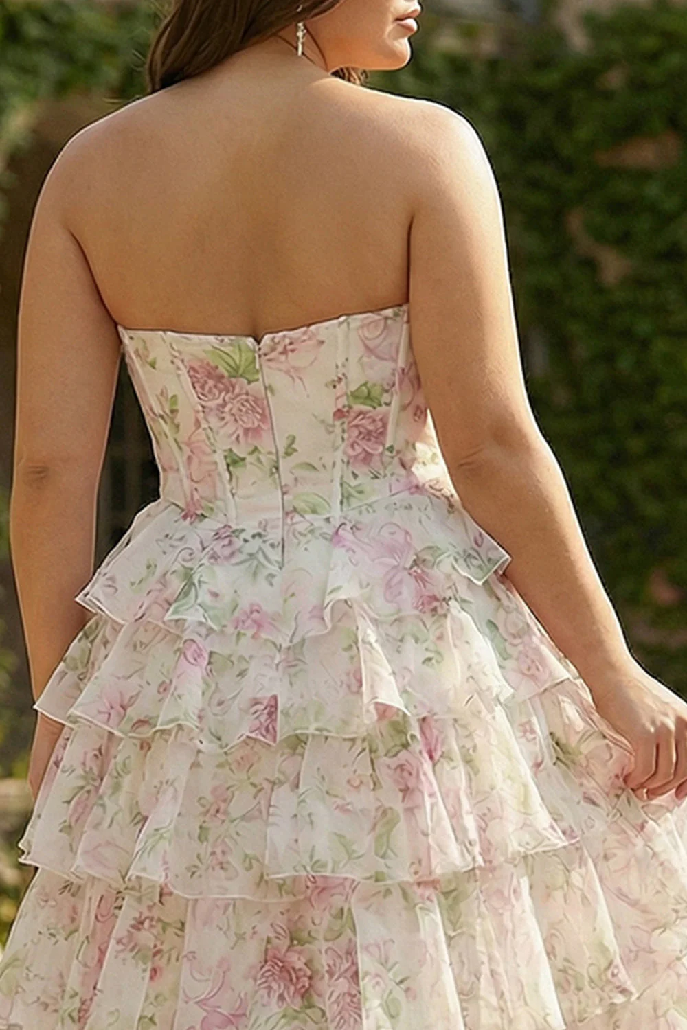 Różowa, kwiatowa gorset w kształcie serca, linia A, poziomowa, długa sukienka na studniówkę plus size z rozcięciem - Image 5