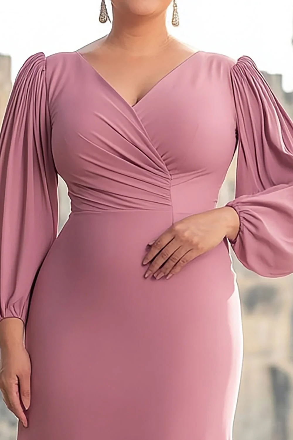 Różowa Osłona Szyfon Plus Size Długa Sukienki Na Wesele z Rękawy - Image 2
