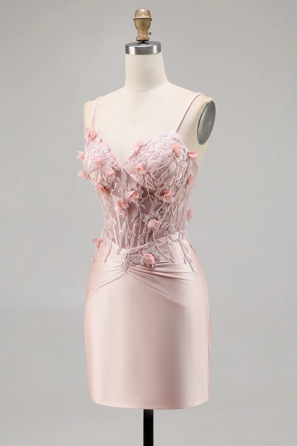 Różowa satynowa gorsetowa sukienka bodycon z aplikacjami - Image 3