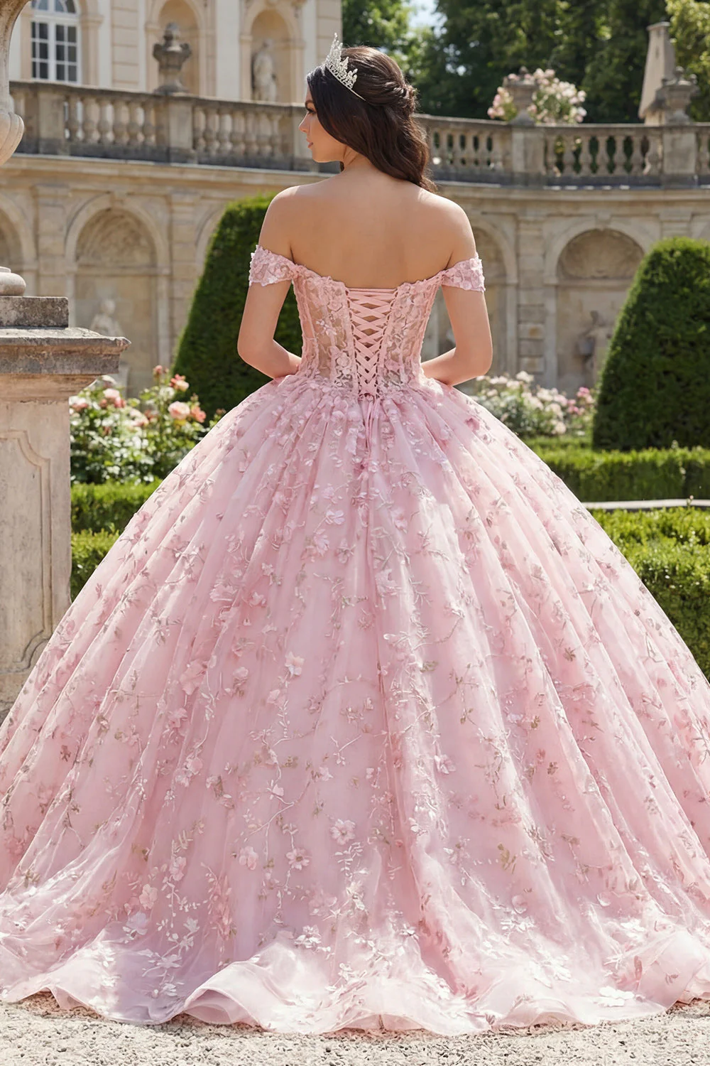Różowa sukienka balowa z opuszczonymi ramionami z aplikacją na gorset, sukienka Quinceanera - Image 2
