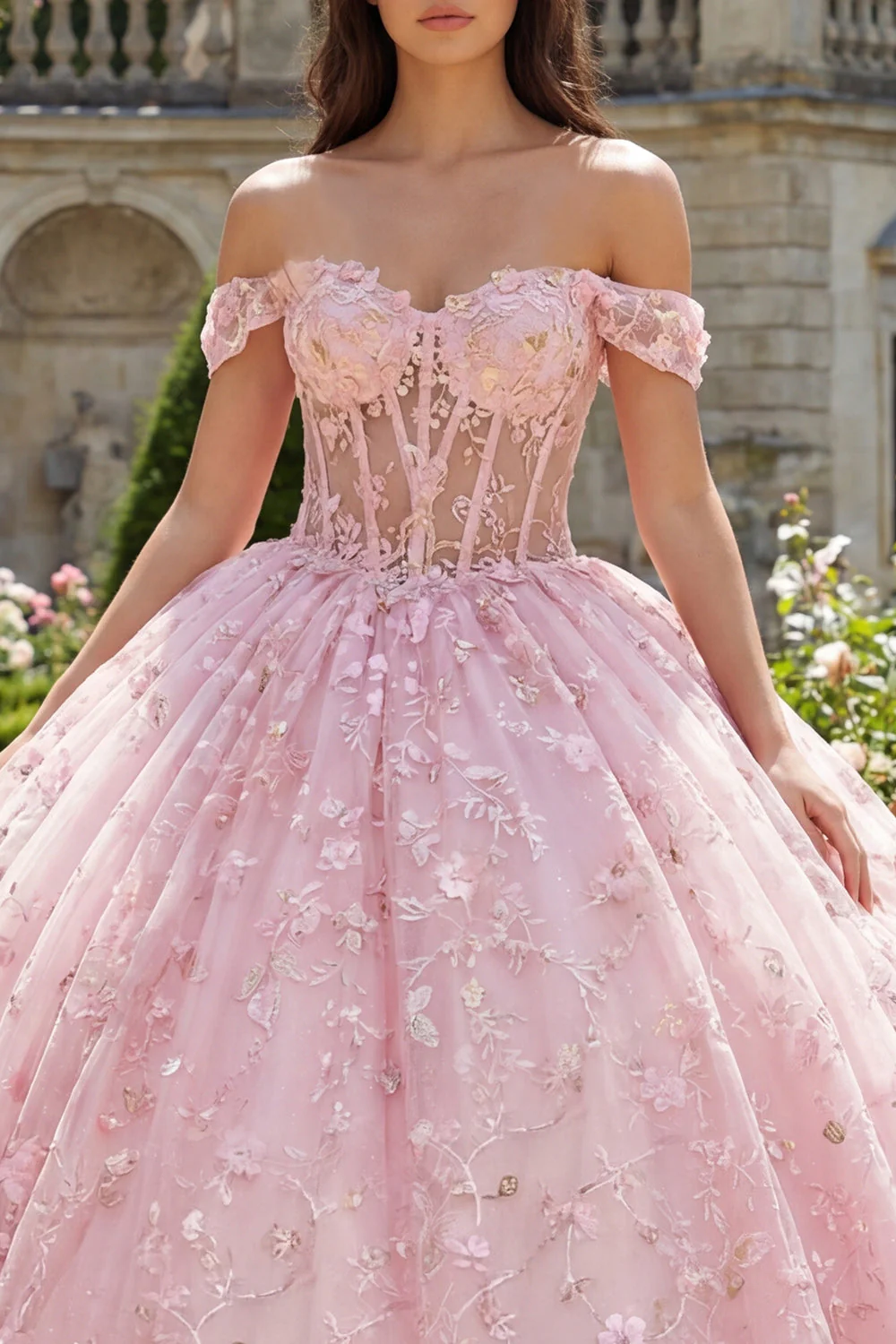 Różowa sukienka balowa z opuszczonymi ramionami z aplikacją na gorset, sukienka Quinceanera - Image 3