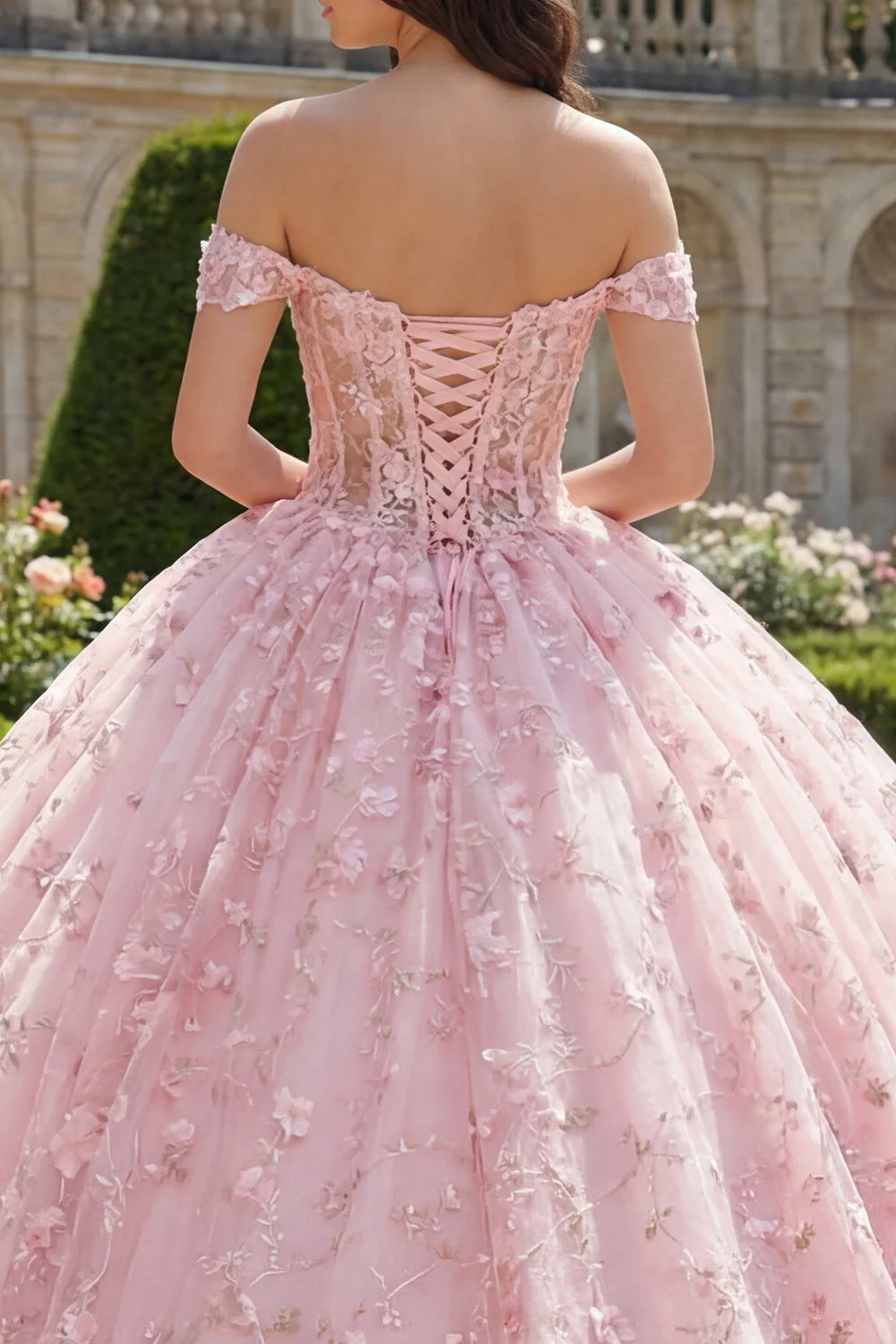 Różowa sukienka balowa z opuszczonymi ramionami z aplikacją na gorset, sukienka Quinceanera - Image 4