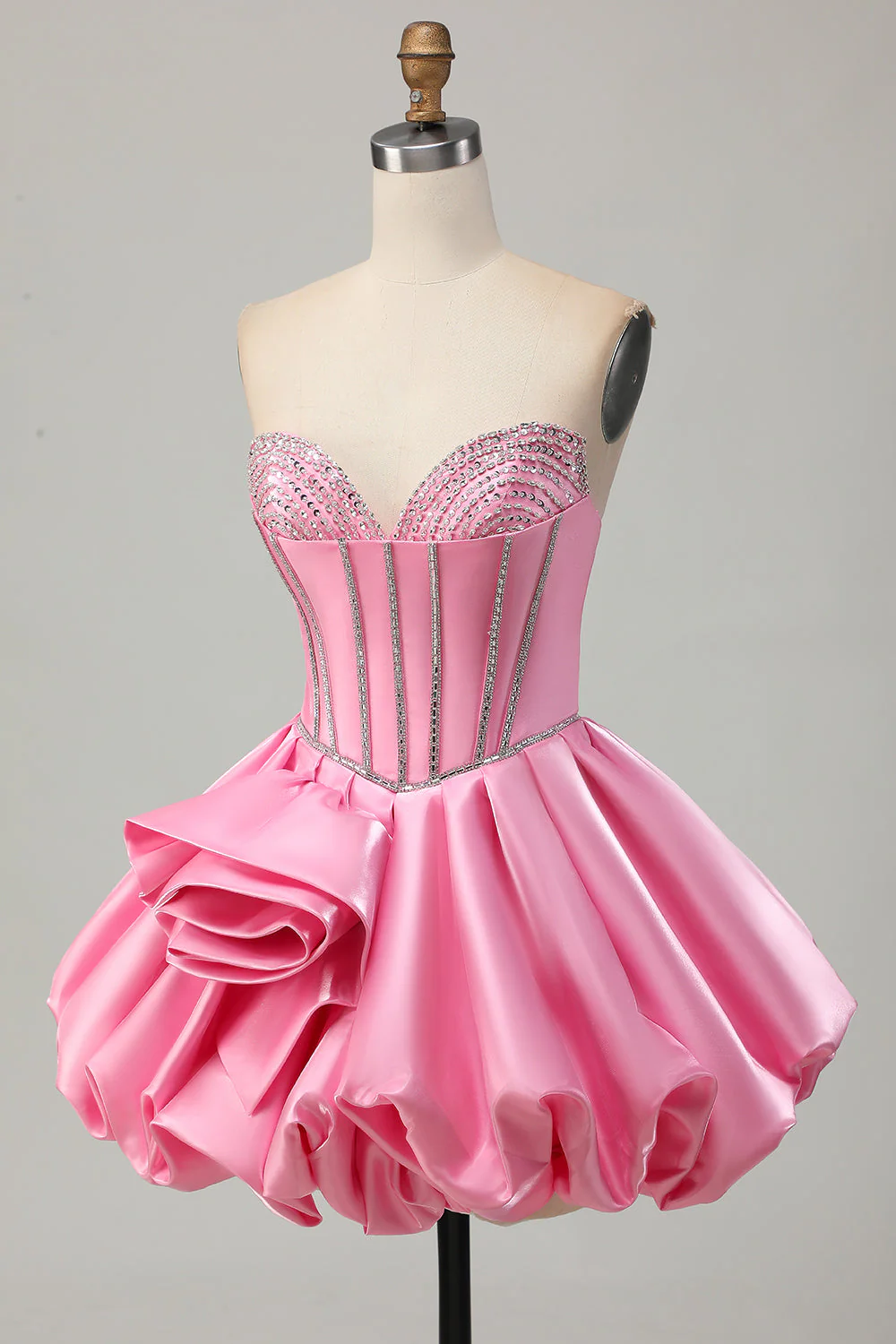 Różowa sukienka Bodycon Sweetheart Satin Gorset Homecoming z cyrkoniami - Image 3