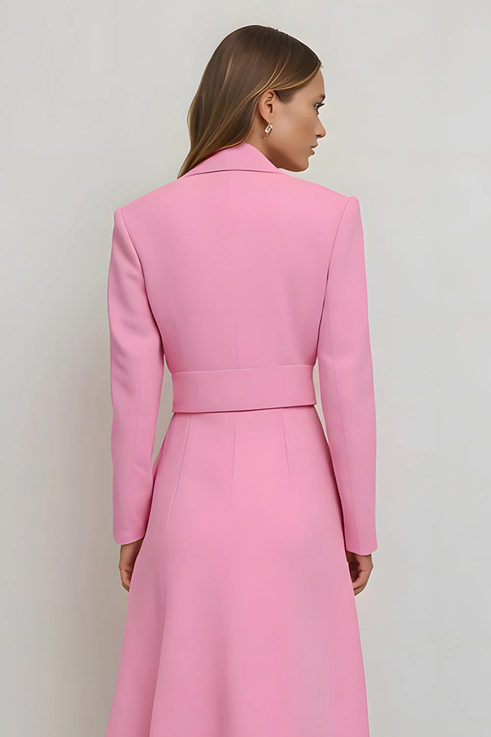 Różowa sukienka robocza midi z karbowanymi klapami bodycon z paskiem - Image 4