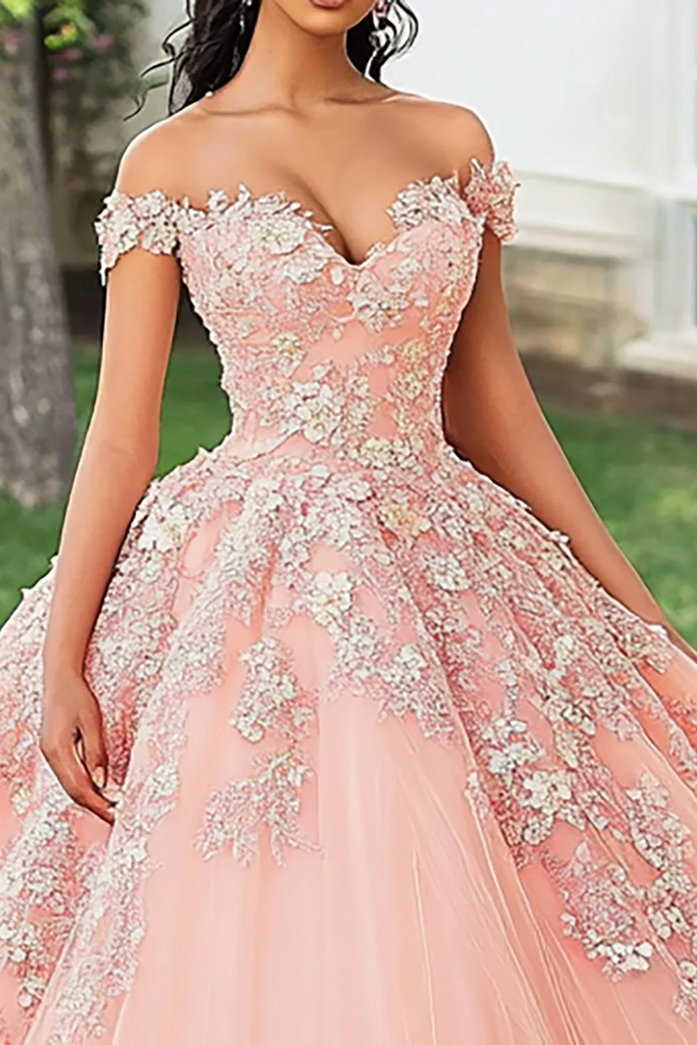 Różowa sukienka z aplikacją na ramionach Quinceanera - Image 2