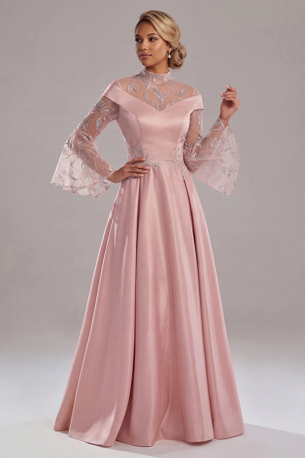 Różowa sukienka z długim rękawem w stylu A Mother Of Bride - Image 3