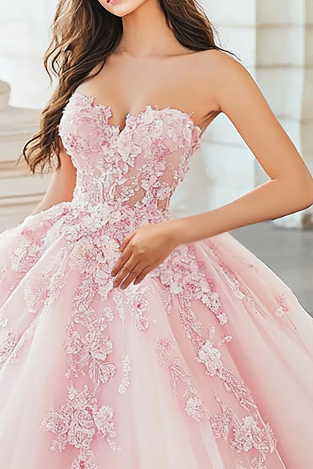 Różowa suknia balowa Sweetheart Tiulowa sukienka Quinceanera z kwiatowymi aplikacjami - Image 2