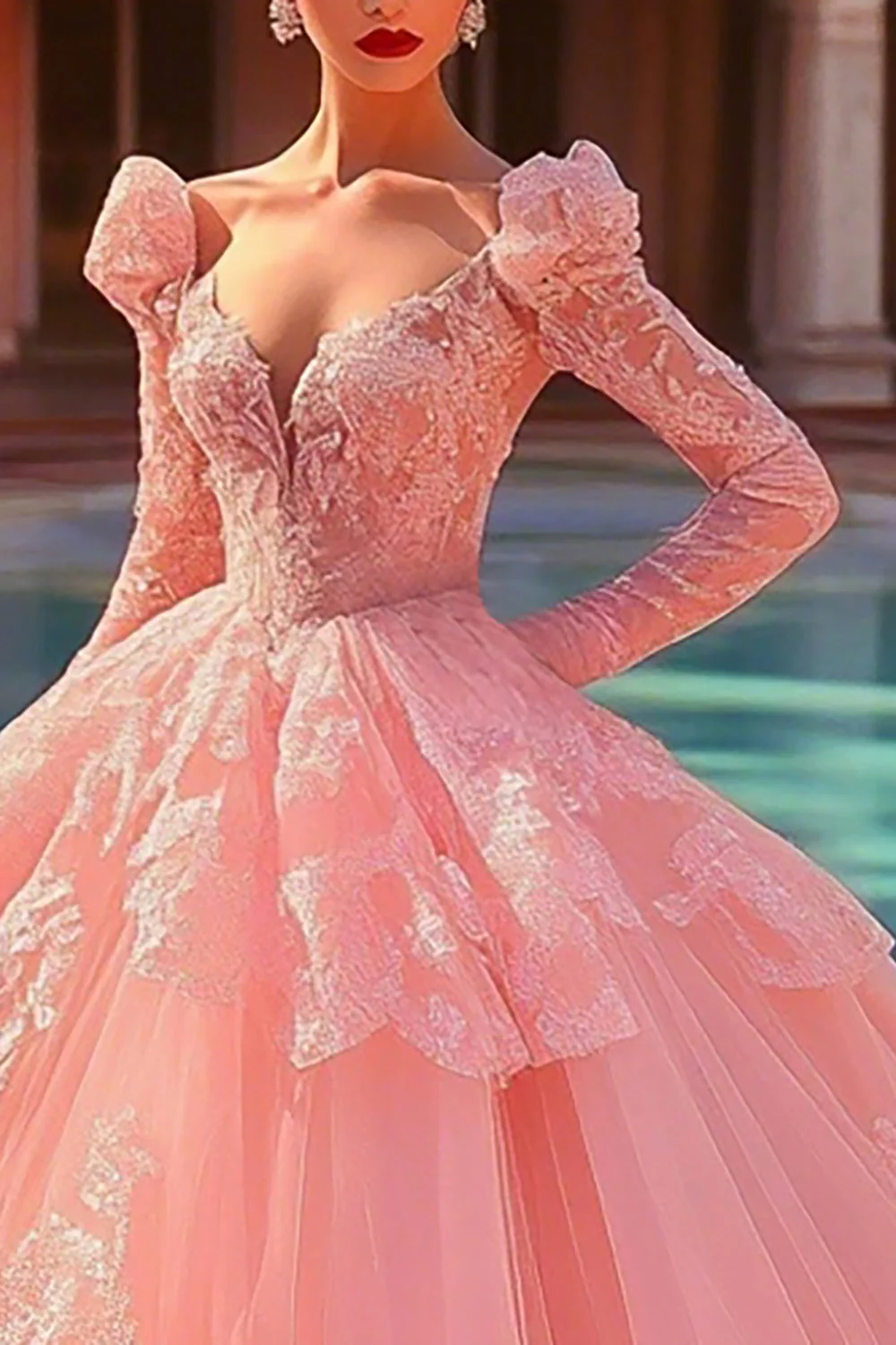 Różowa suknia balowa tiulowa z długimi rękawami sukienka księżniczki quinceanera z falbankami - Image 2
