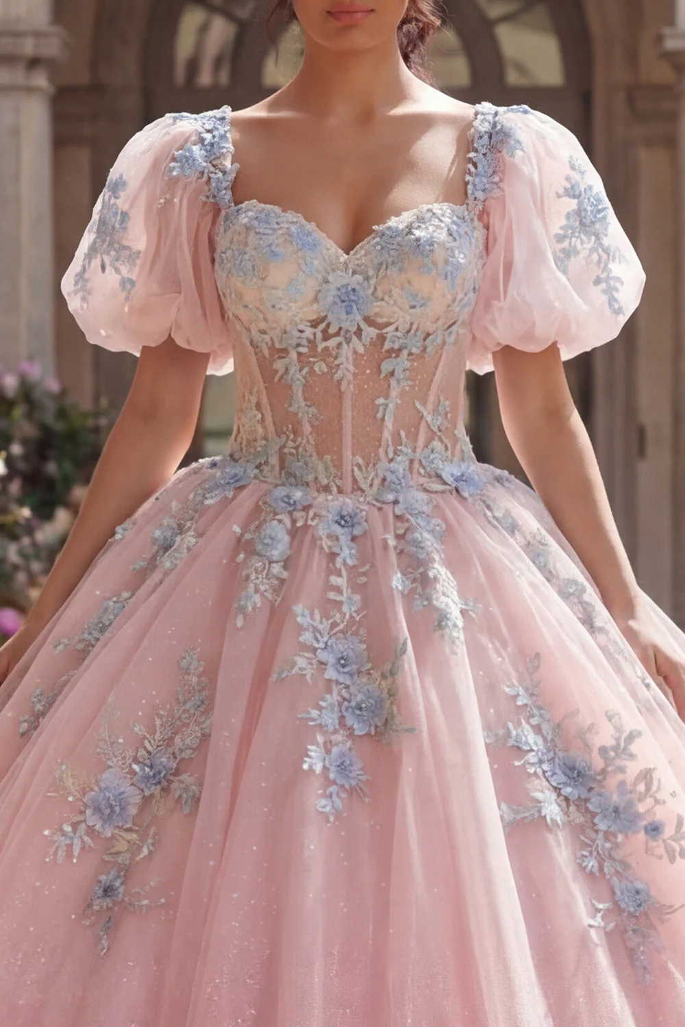 Różowa suknia balowa z aplikacjami na gorset Quinceanera z puszystymi rękawami - Image 3