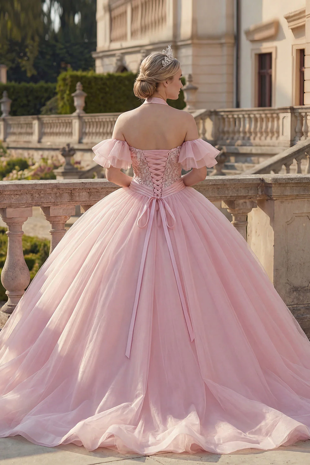 Różowa suknia balowa z dekoltem na ramię i aplikacjami z Quinceanera i powiewającymi rękawami - Image 2