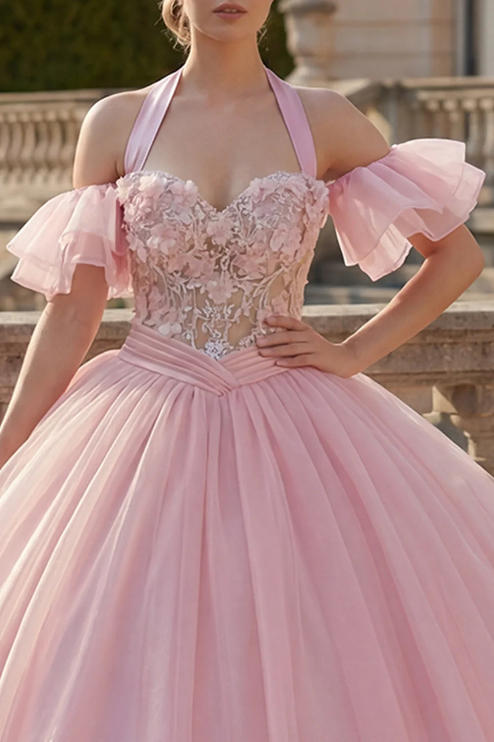 Różowa suknia balowa z dekoltem na ramię i aplikacjami z Quinceanera i powiewającymi rękawami - Image 3